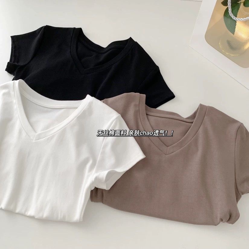 Áo Thun cotton Ngắn Tay Cổ Chữ v Thiết Kế Mới Mùa Hè Cho Nữ