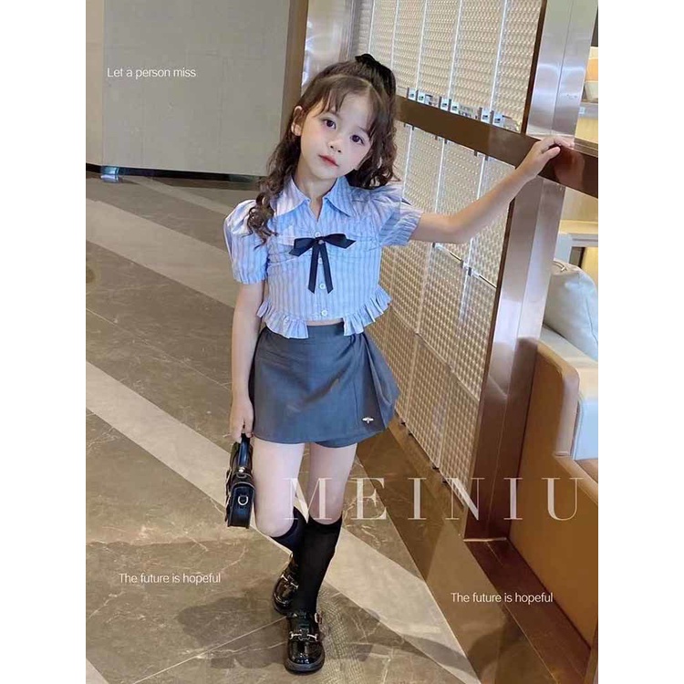 Áo Thun polo Ngắn Tay Màu Trơn Họa Tiết Kẻ Sọc Đính Nơ Dễ Thương Thời Trang Mùa Hè Cho Bé Gái