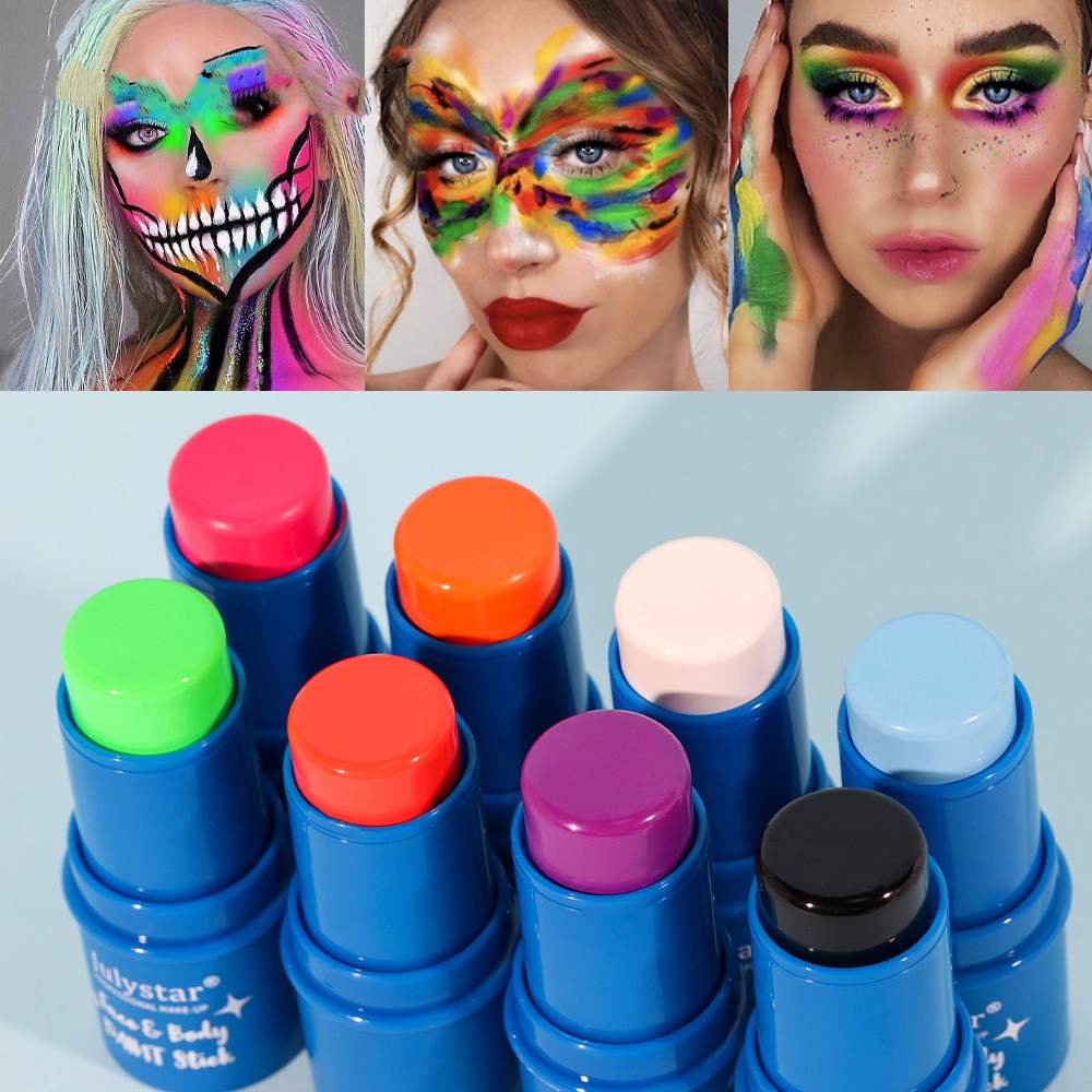 Julystar Halloween Painting Stick Body Painting Cream 8 Màu Huỳnh Quang Hòa Tan Trong Nước Giai đoạn Trên Khuôn Mặt đầy Màu Sắc Glow In The Dark Stage Painting Stick 2024 Mới