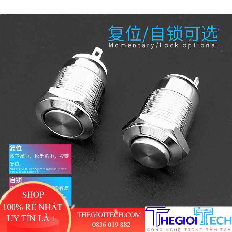 Công tắc nút kim loại 12 mm tự khoá - Lồi