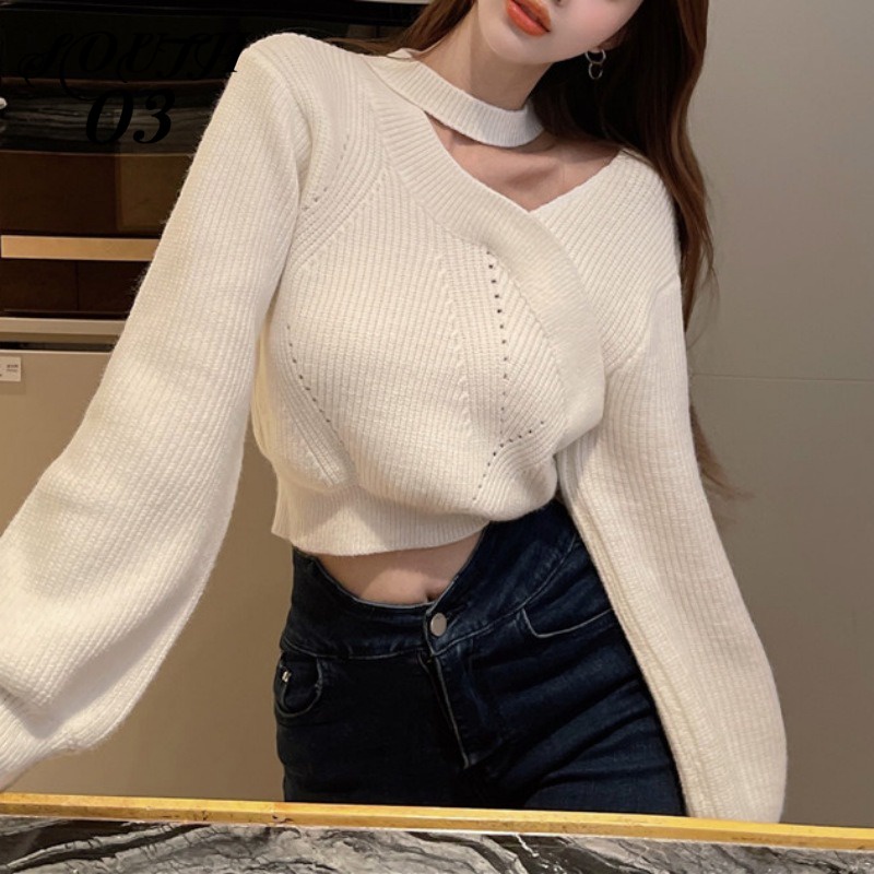 Áo sweater Cổ Treo Dáng Ngắn Thời Trang Thu Đông Cho Nữ Áo Croptop Áo Len