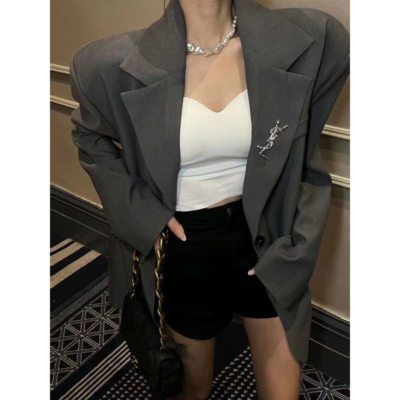 Áo Khoác Vest Lụa Thêu Họa Tiết Kim Cương Bạc 2023 Mới Cho Nữ