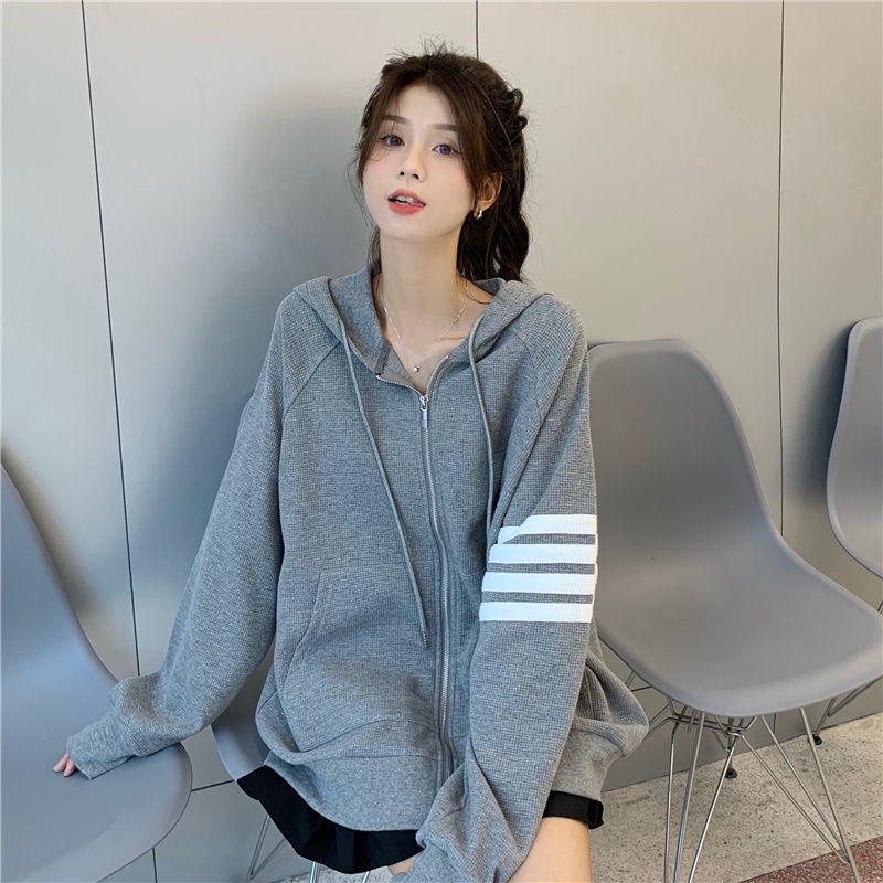 Áo Khoác Hoodie Mỏng Dáng Rộng Màu Xám Có Khóa Kéo Phong Cách Hàn Quốc Thời Trang Xuân Thu Hàng Mới 2022