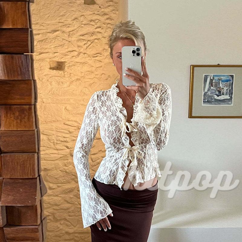 Áo Croptop Ren Hoa Xuyên Thấu Tay Dài Quyến Rũ Cho Nữ