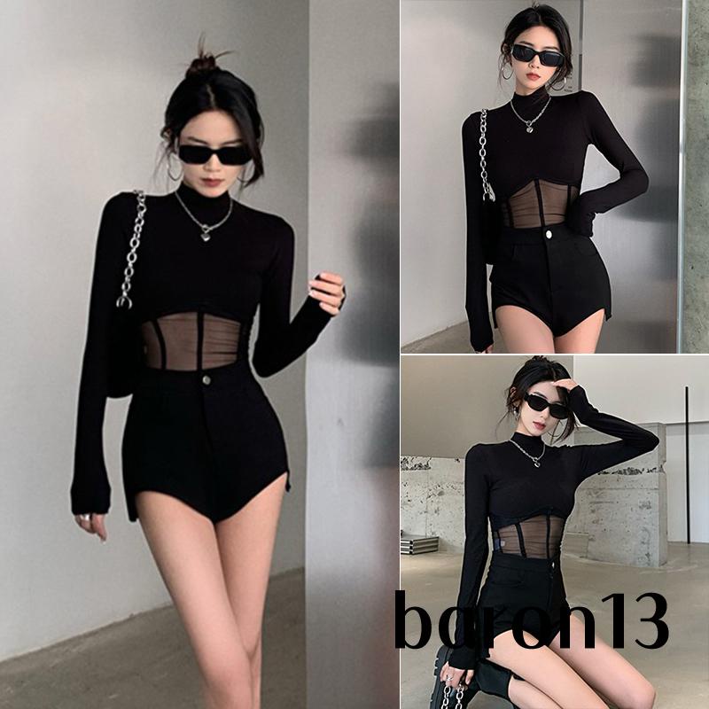 Xo8k-áo Thun Tay Dài Cổ Cao Phối Lưới Màu Đen Thời Trang Xuân Thu Cho Nữ