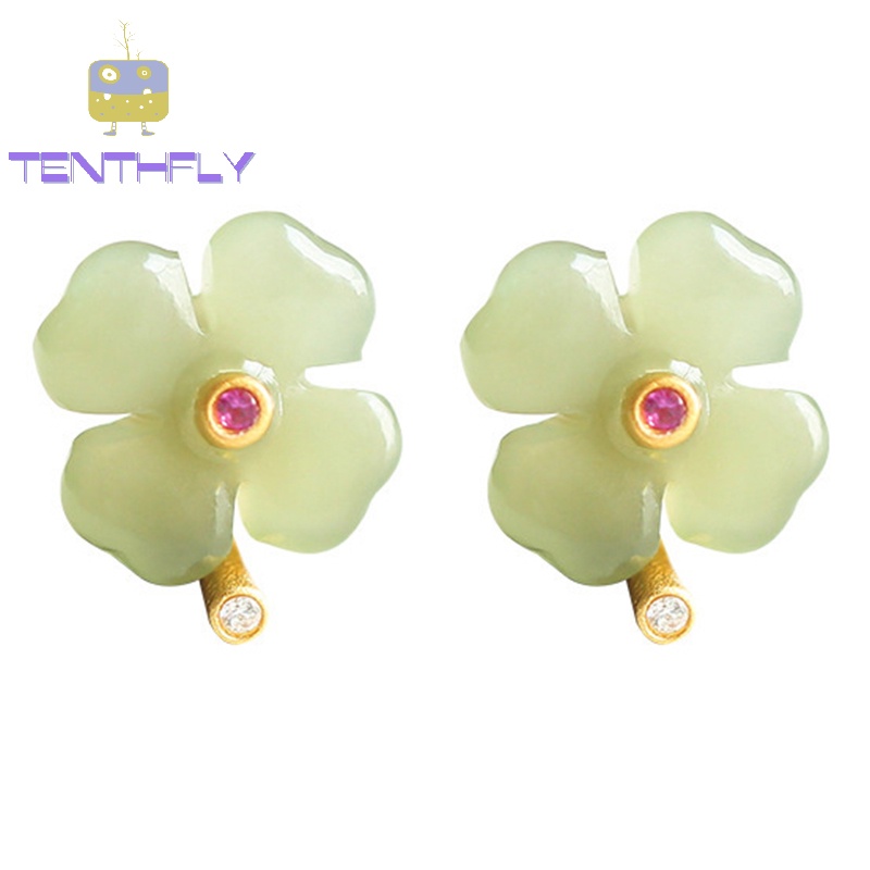 Bông Tai Hình Cỏ Bốn Lá May Mắn Đính Ngọc Bích Phong Cách retro