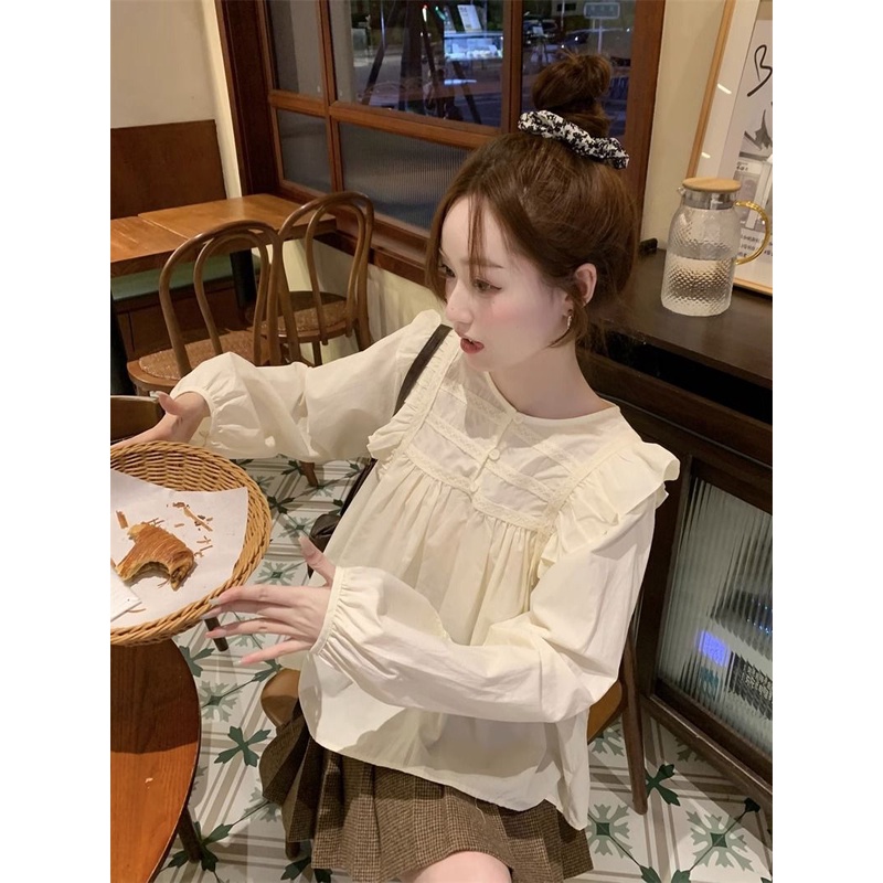 Áo Sơ Mi Dài Tay Phối Bèo Phong Cách Pháp Thời Trang Cho Nữ