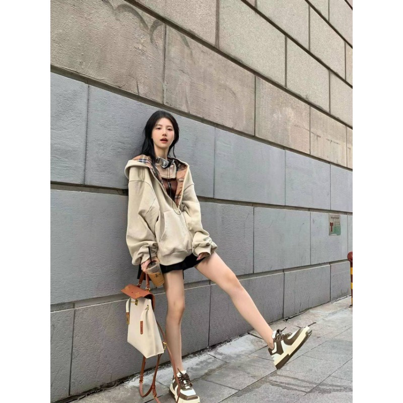 Áo Khoác hoodie Phối Khóa Kéo Thêu Chữ Thời Trang Thu Đông Mới