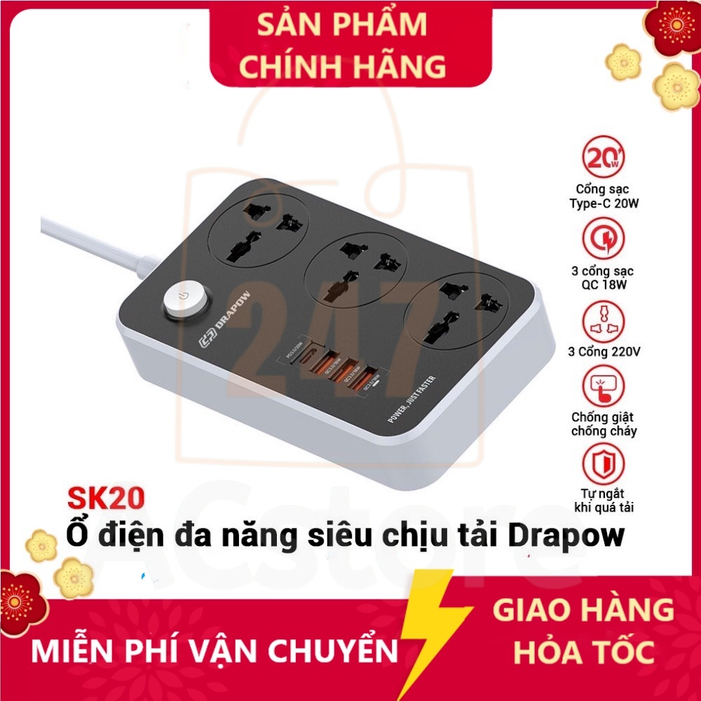 Ổ cắm điện đa năng DRAPOW SK20 /  LDNIO SC3412 Sạc nhanh USB-C 20W PD  2500W hỗ trợ 3 cổng USB QC18W và PD20W Acstore