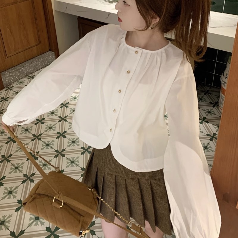 Liên Kết Liên Kết Với Nhau ♥ Áo Sơ Mi Tay Dài Cổ Tròn Màu Sắc Đơn Giản Phong Cách Hàn Quốc Thời Trang Cho Nữ