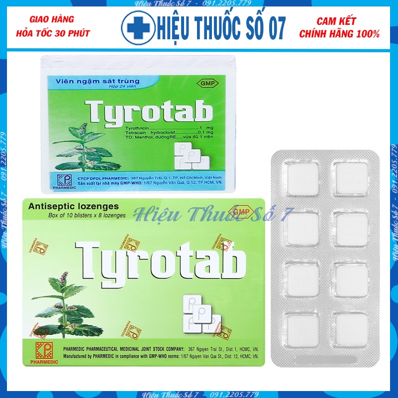 Viên ngậm ho, sát trùng họng Tyrotab hộp 24 viên và vỉ 8 viên