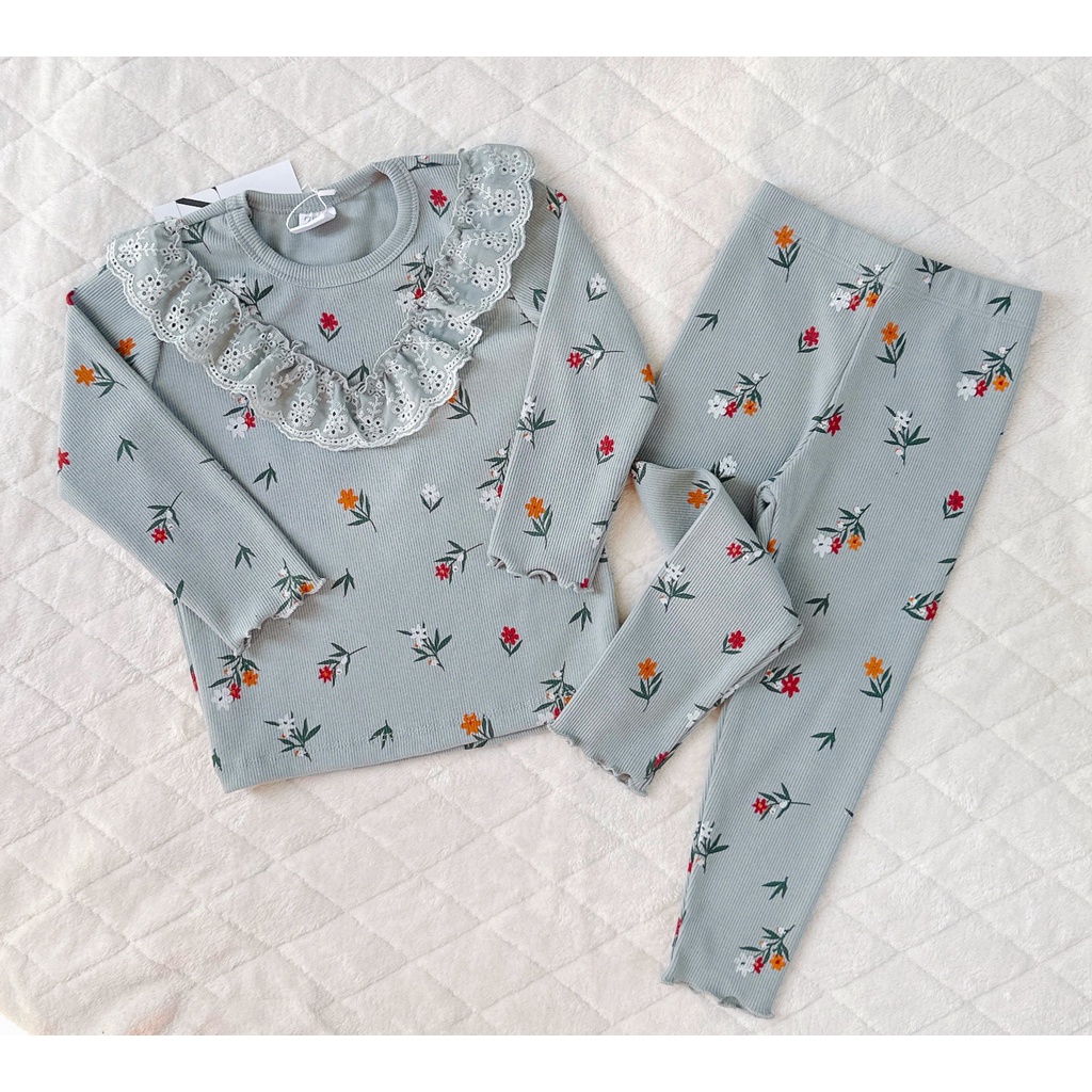 ✨MALINHKID✨ BT006- Bộ thun tăm hoa xanh viền ren trẻ em VNXK