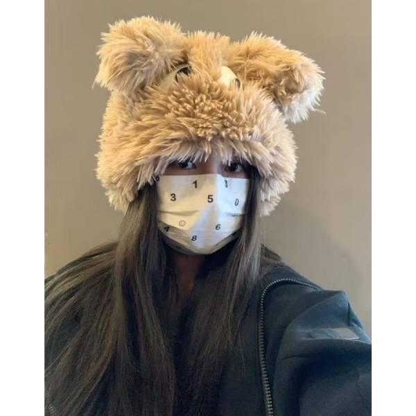 Mũ Trùm Đầu Bảo Vệ Tai Bằng Vải Bông Dày Dặn Họa Tiết Chú Cún Mắt To Dễ Thương Vui Nhộn Thời Trang Thu Đông Cho Nữ by3 Yb