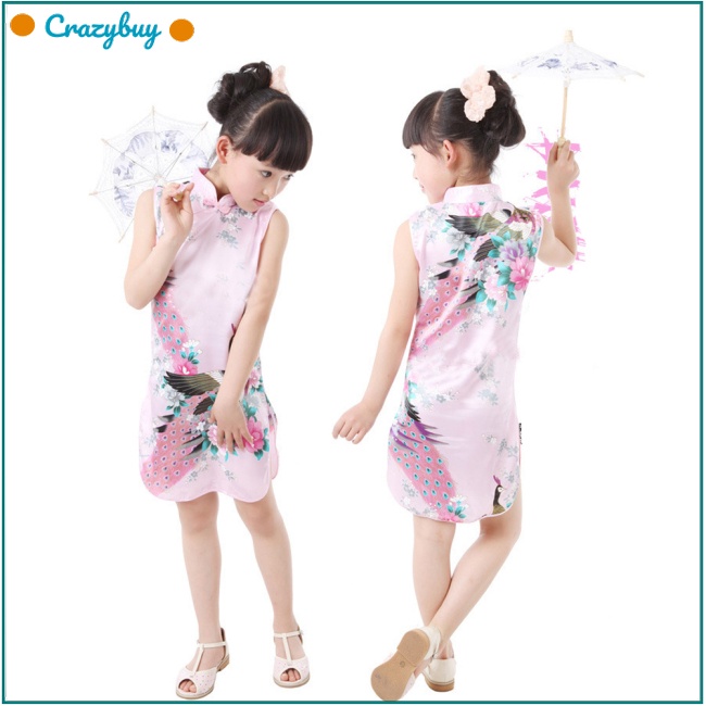 Cr Đầm Sườn Xám Cổ Đứng In Hình Chim Công Dễ Thương Cho Bé Gái