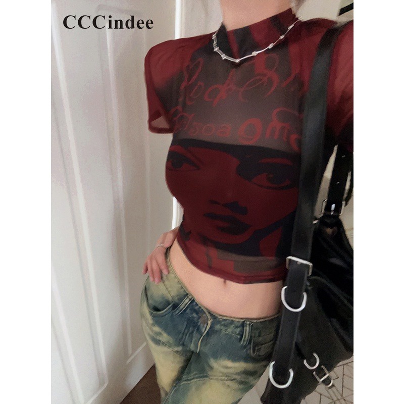 Áo Thun Croptop Tay Ngắn Cổ Lọ Dáng Ôm In Họa Tiết Thời Trang 2023 Quyến Rũ Cho Nữ