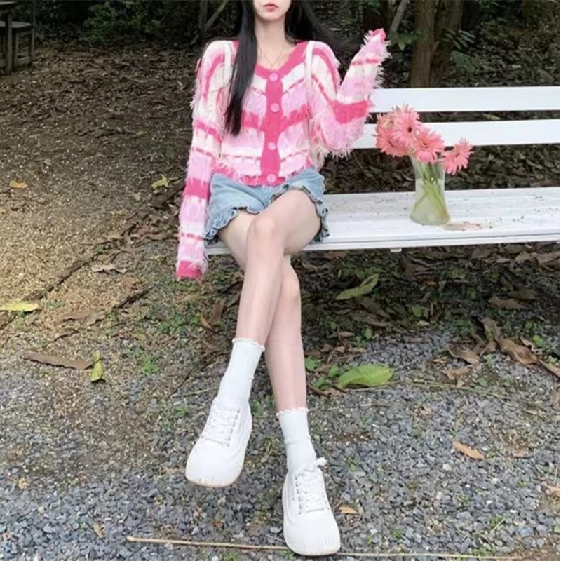 You Áo Khoác cardigan Len Tay Dài Viền Tua Rua Tương Phản Phong Cách Ngọt Ngào Cho Nữ