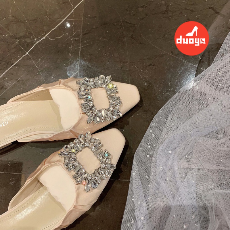 Duoya Dép Bít Mũi Vuông Bằng Satin Đính Đá Thời Trang Cho Nữ