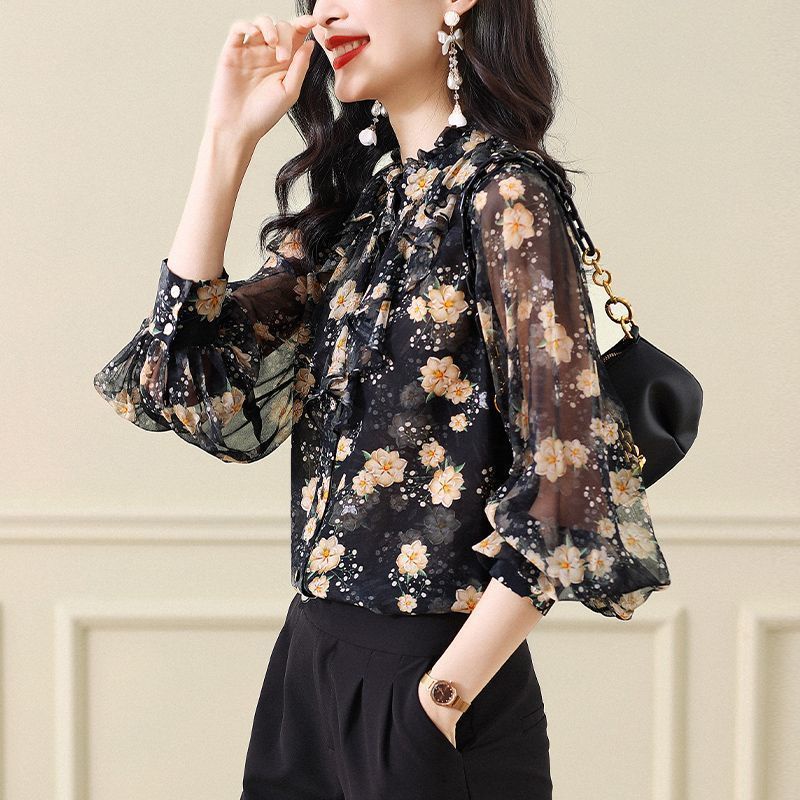 Áo Sơ Mi chiffon Tay Dài Phối Bèo Họa Tiết Hoa Phong Cách Hàn Quốc
