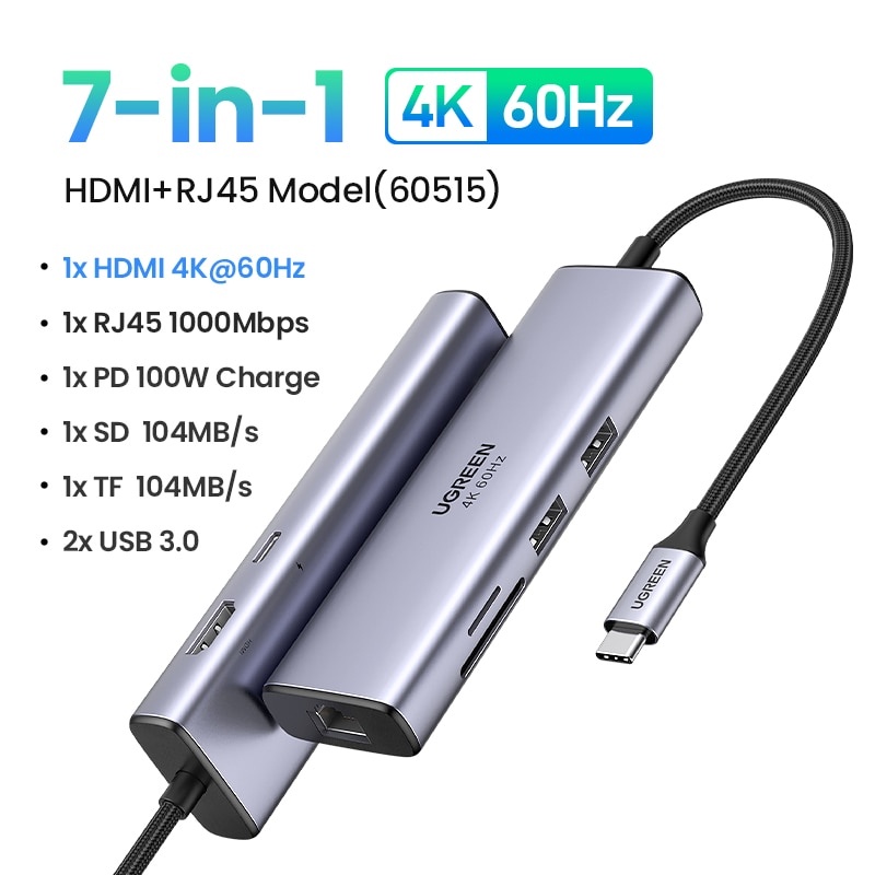 Cáp Chuyển Hub Ugreen USB Type C Sang 3xUSB 3.0 + HDMI + RJ45 + SD,TF Ugreen 50538 Chính Hãng Việt Nam