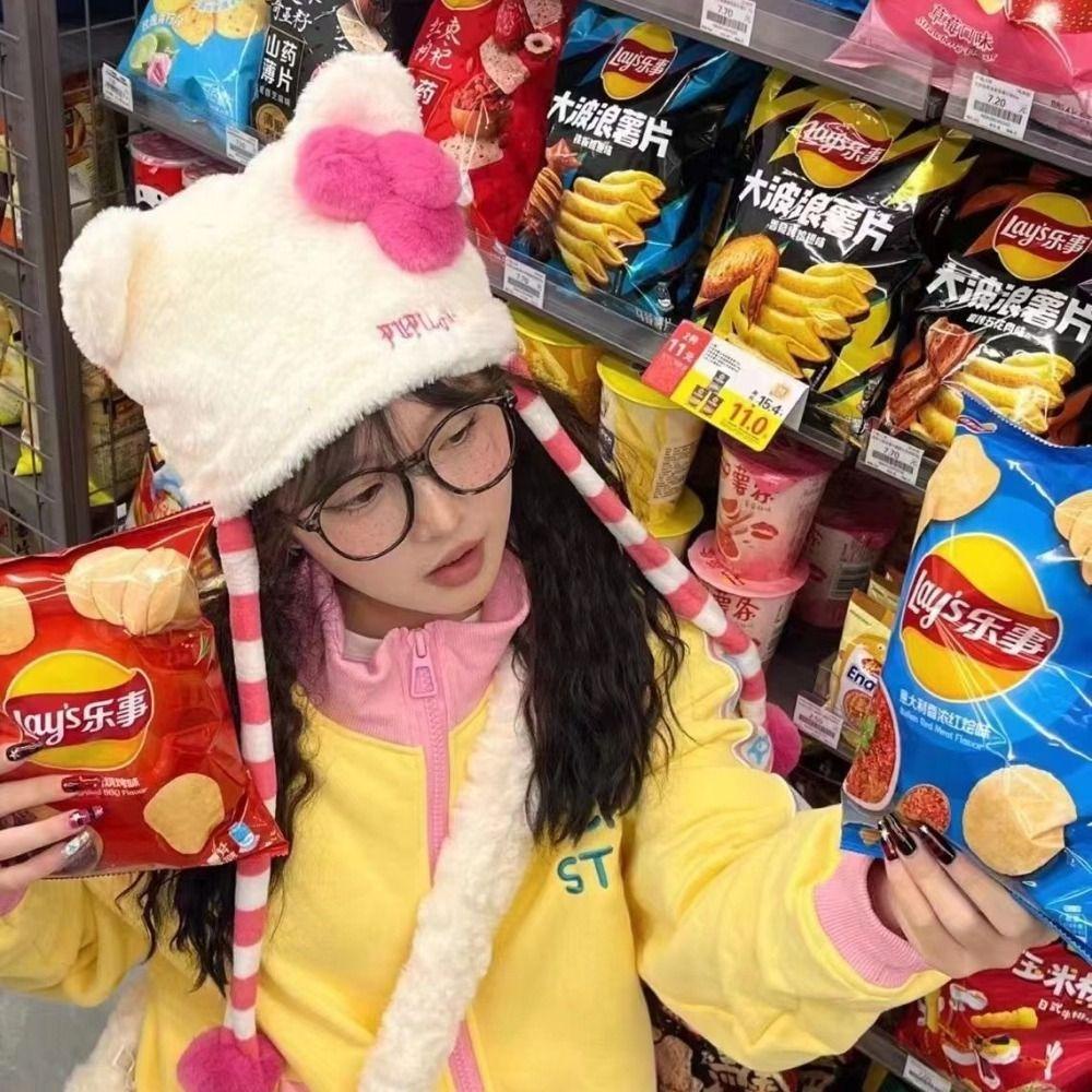 Mũ Trùm Đầu Vải Bông Dày Ấm Áp Hình Mèo kitty Màu Hồng Bảo Vệ Tai