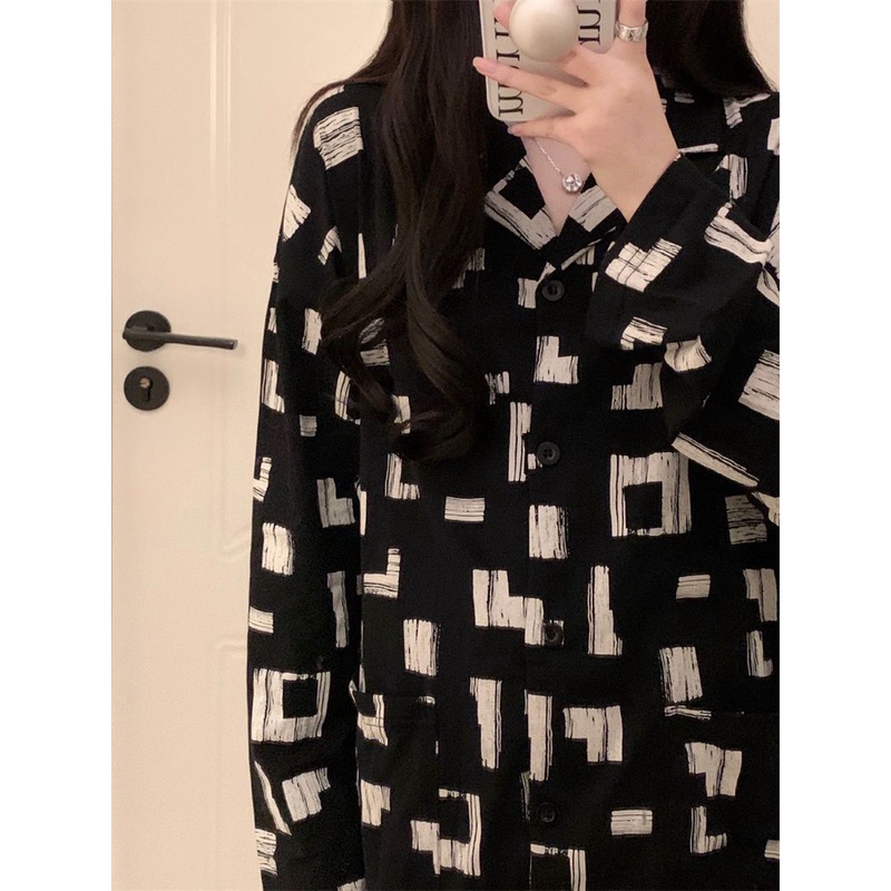 YAMI Bộ Đồ Ngủ Tay Dài In Họa Tiết Hình Vuông Đơn Giản Thời Trang Xuân Thu Dành Cho Nữ