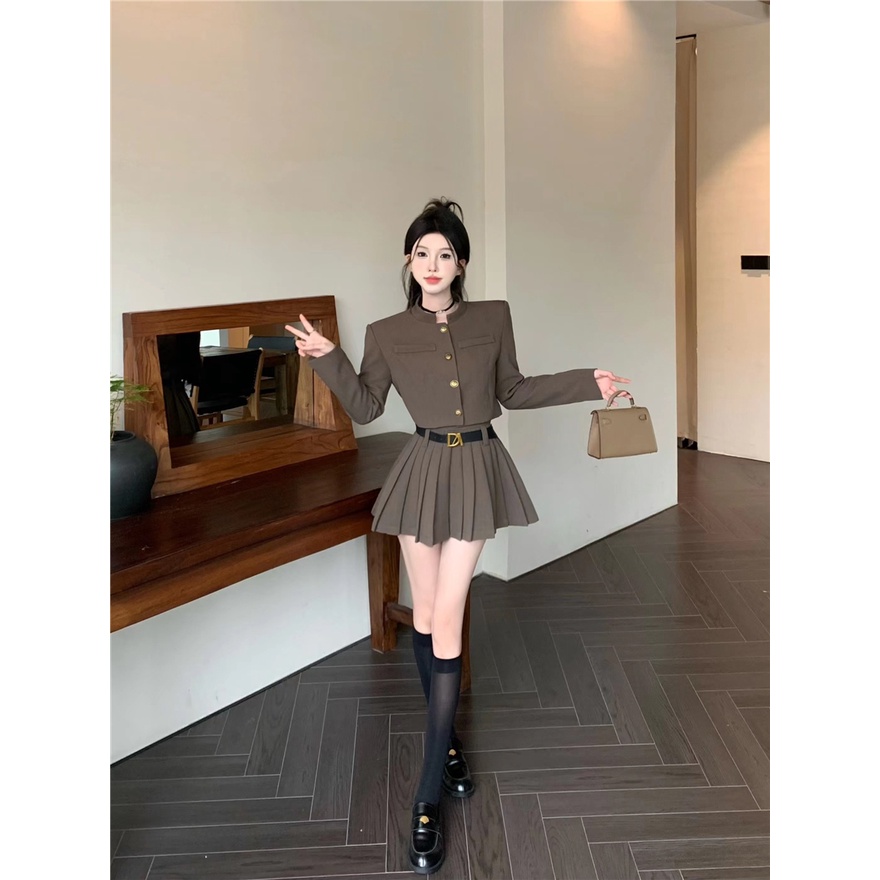 Bộ Áo Khoác Dài Tay 2 Dây + Chân Váy Xếp Ly Thời Trang Nữ Tính