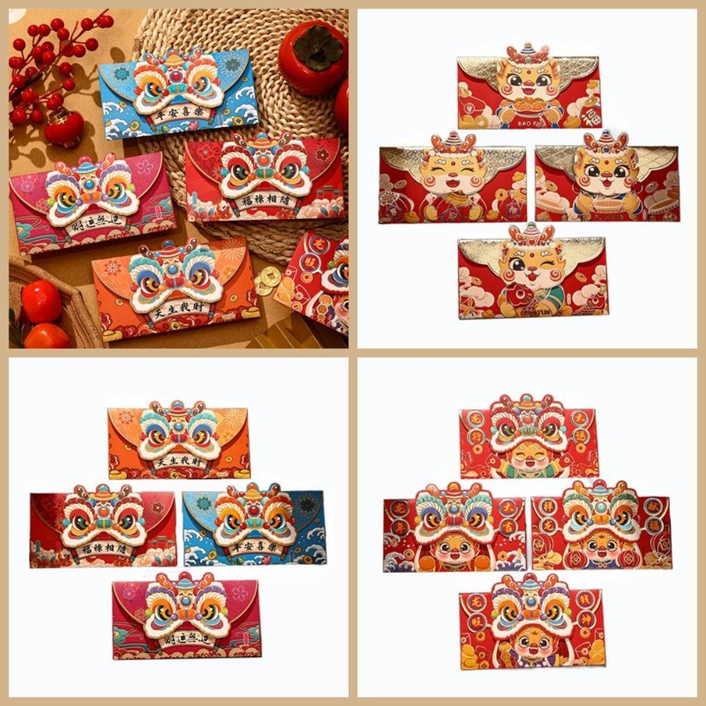 Set 4 Bao Lì Xì Đỏ May Mắn Phong Cách Trung Hoa Họa Tiết Rồng Năm Mới 2024