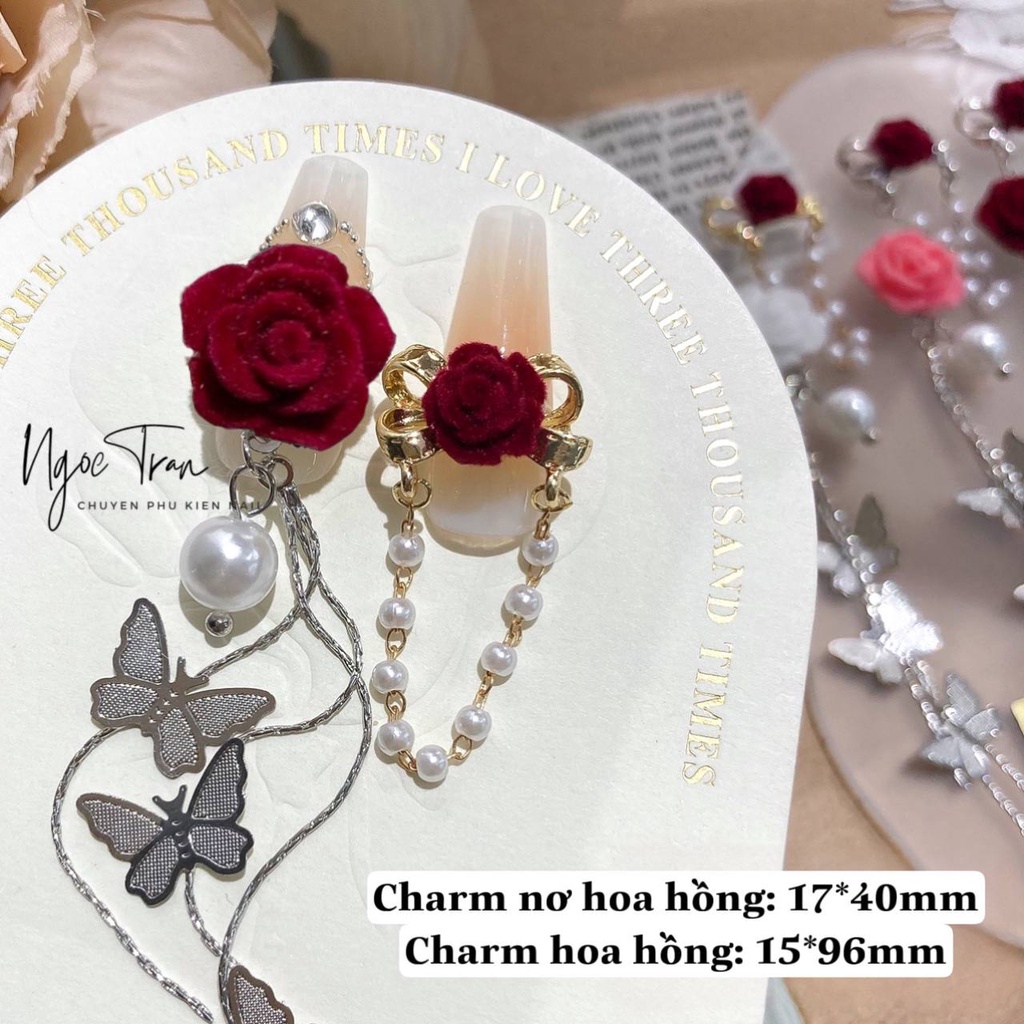 Charm Hoa Hồng Tua Rua Ngọc Trai Đỏ Cao Cấp | Trang Trí Móng Tay