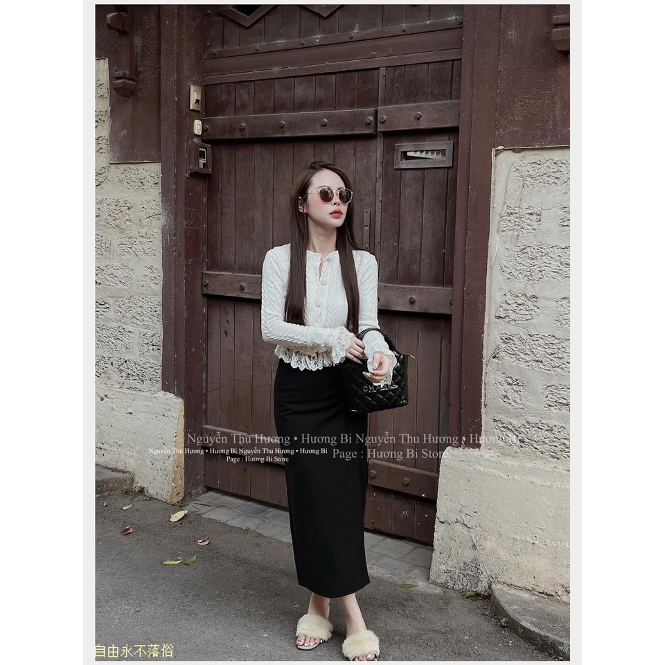 Set chân váy midi đen +áo len trắng nút