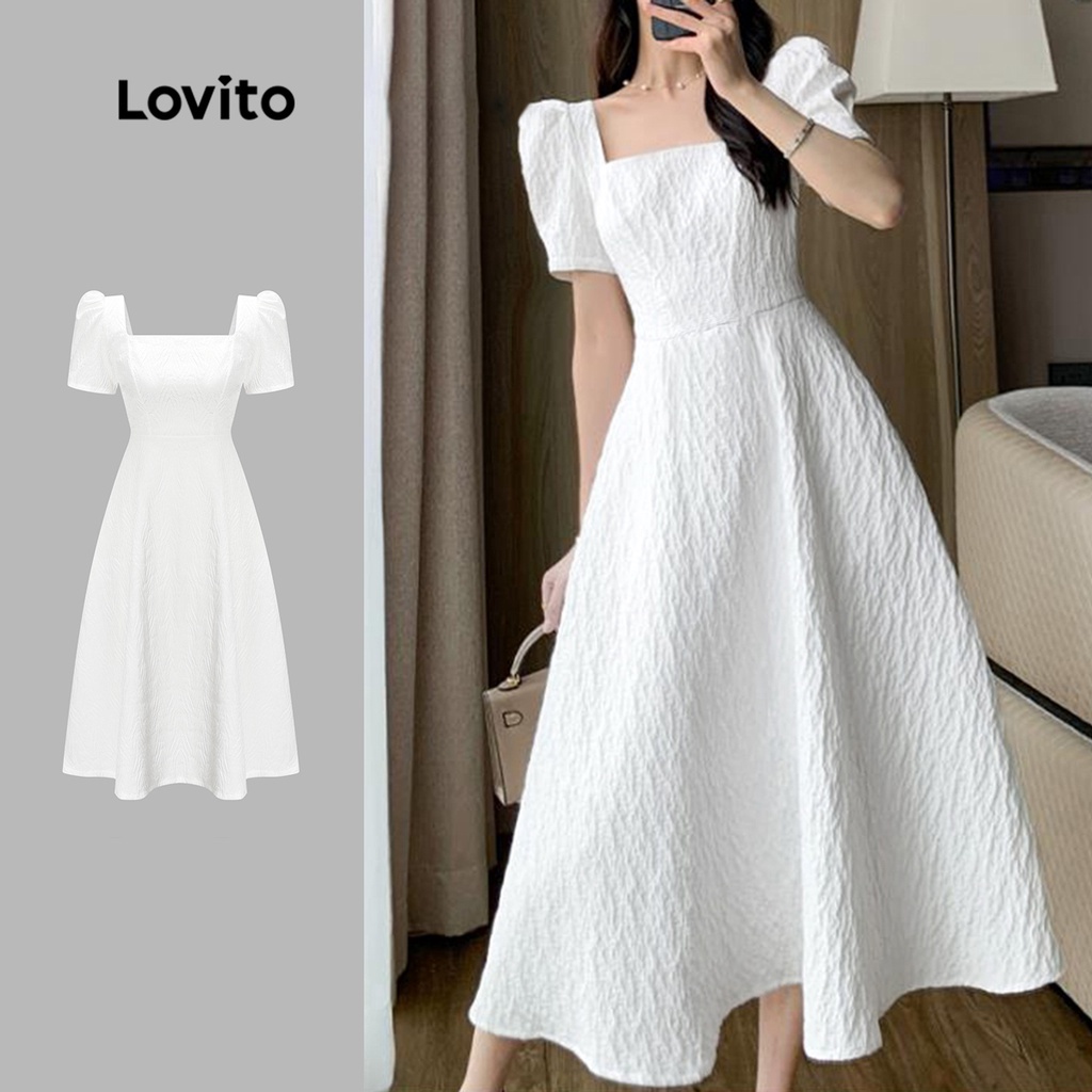 Đầm Lovito cổ vuông tay phồng màu trơn thanh lịch cho nữ L65ED170 Màu trắng