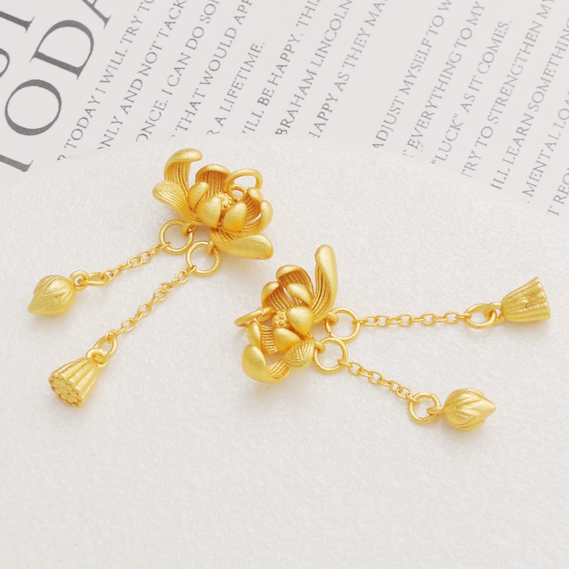 Bông Tai Mạ Vàng 18k Hình Hoa Sen / Lá Sen Màu Sắc Cổ Điển Độc Đáo diy