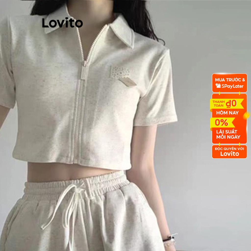 Bộ đồ Lovito áo khóa kéo + quần short dây rút màu trơn thường ngày cho nữ LNE16016 (màu trắng ngà)