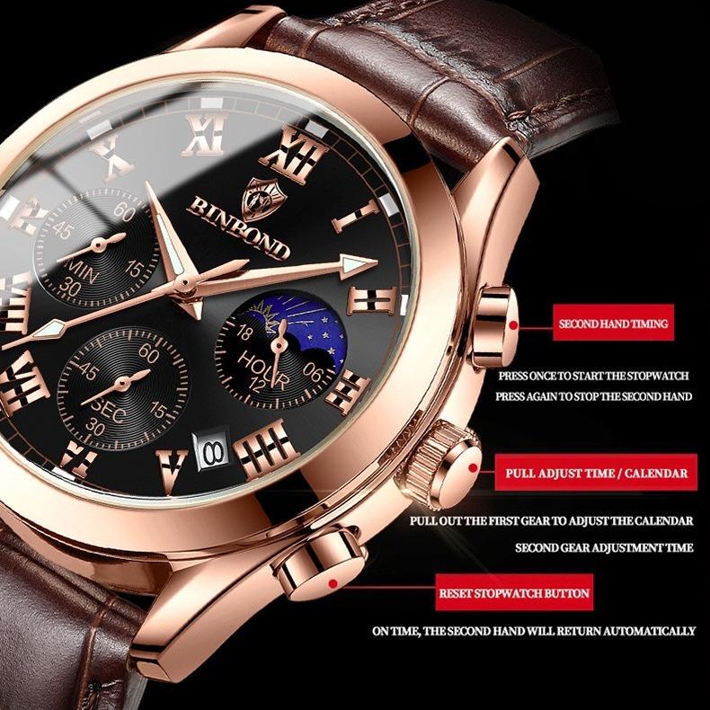 Đồng Hồ Nam Dây Da chạy 6 kim BINBOND I21 Kính Vòm