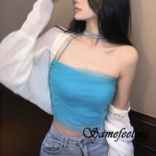 Sf Áo crop top Hai Dây Vải Tuyn Xếp Ly Màu Trơn Thời Trang Mùa Hè Cho Nữ