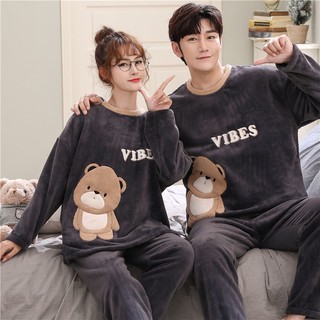 Bộ đồ ngủ lông cừu san hô giữ ấm in hình gấu hoạt hình dễ thương kích thước lớn cho cặp đôi