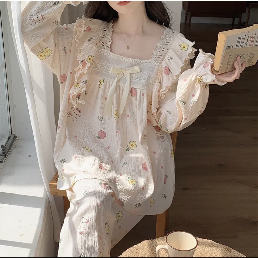 Yuyureal Bộ Đồ Ngủ nữ mùa đông Dài Tay Pijama Dễ Thương Phối Ren Dáng Rộng Phong Cách Công Chúa