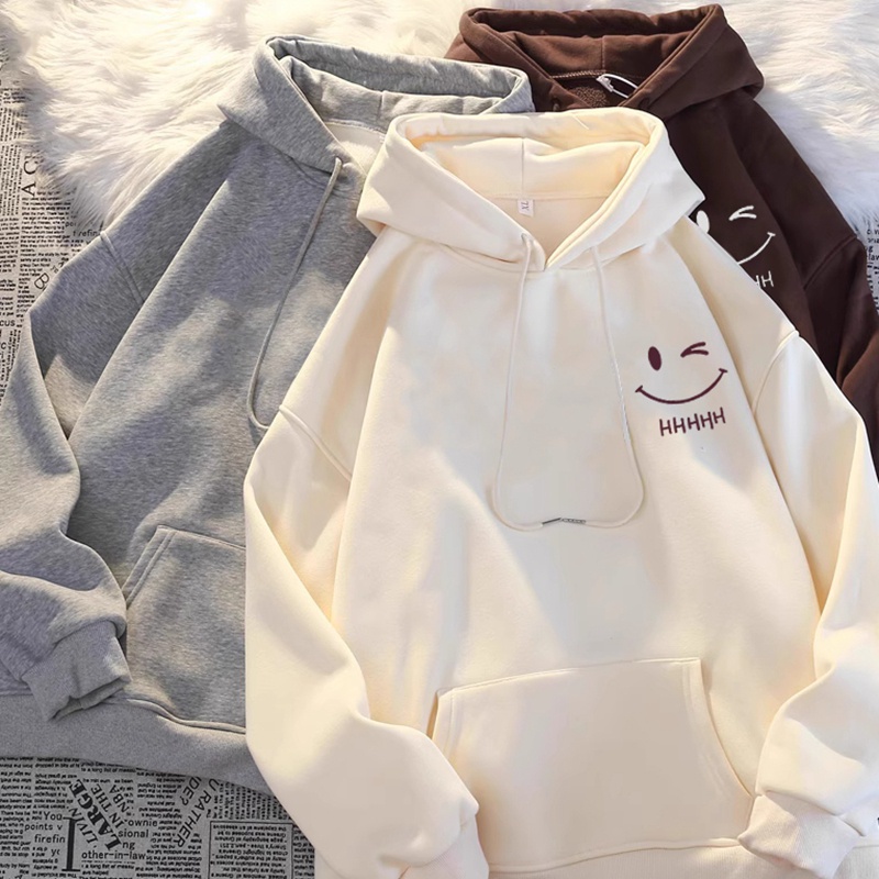 Áo hoodie cashmere Dày Dáng Rộng In Hình Mặt Cười Vui Nhộn Thời Trang Cho Cặp Đôi