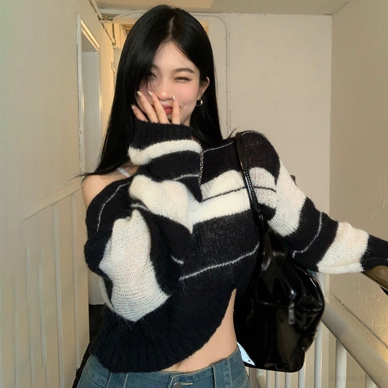 Áo croptop Dệt Kim Trễ Vai Tay Dài Hoạ Tiết Kẻ Sọc Thời Trang Mùa Thu Cho Phái Nữ
