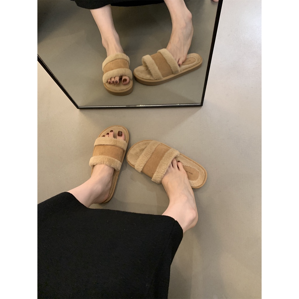 Duoya Dép Lông Cừu Phẳng Nhẹ Nhàng Phong Cách Hàn Quốc Cho Nữ Giới  Dép Đi Ngoài Trời Mùa Thu Đông Phiên Bản Thần Tiên Miễn