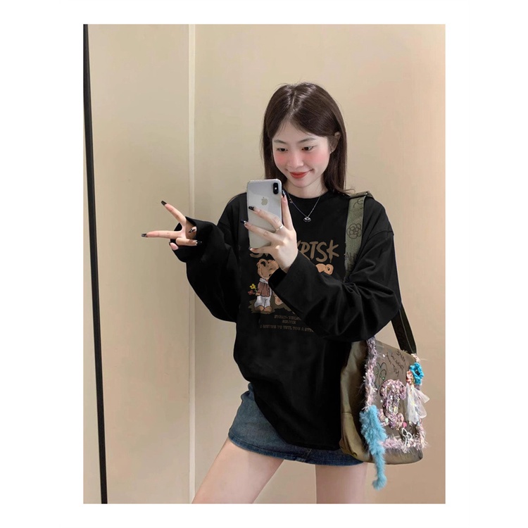 NRVP Mới Áo Thun 100% cotton Tay Dài Dáng Rộng Có In Hình Phong Cách Hàn Quốc Cho Nữ