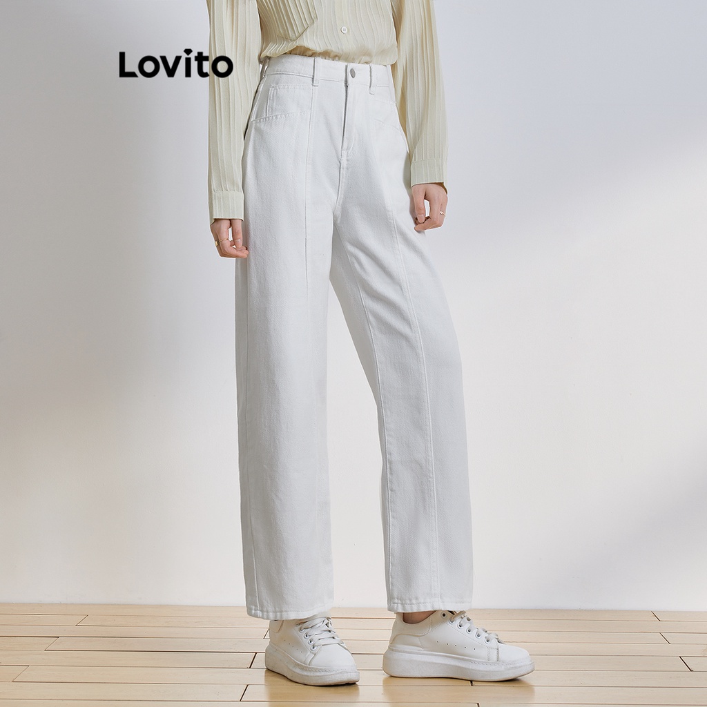 Quần jean giặt Lovito phối khóa kéo cài nút màu trơn thanh lịch cho nữ L65ED093