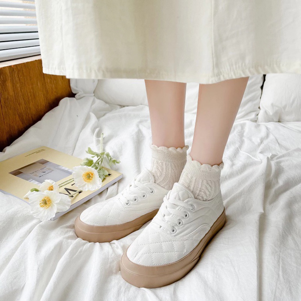 Set 5 Đôi Tất Nữ Cotton Cổ Bèo Họa Tiết Vặn Thừng Phông Cách Hàn