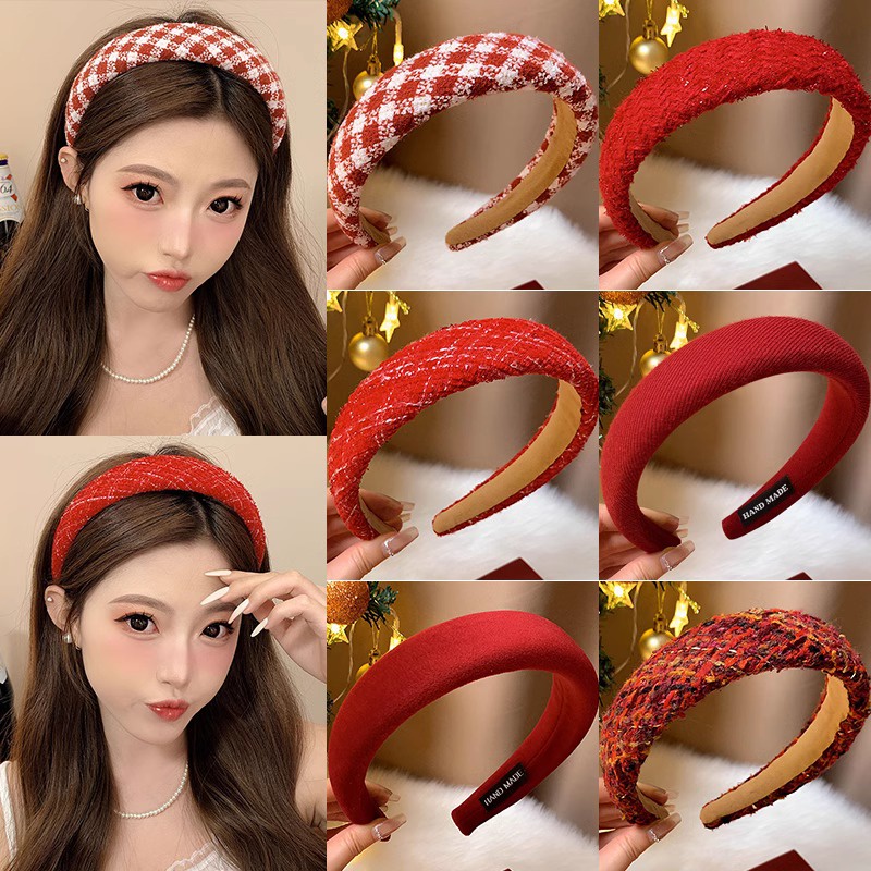 Red Holiday Headband Sang Trọng Mũ 2025 Phong Cách Mới Phụ Kiện Tóc Nữ Phụ Kiện Thời Trang
