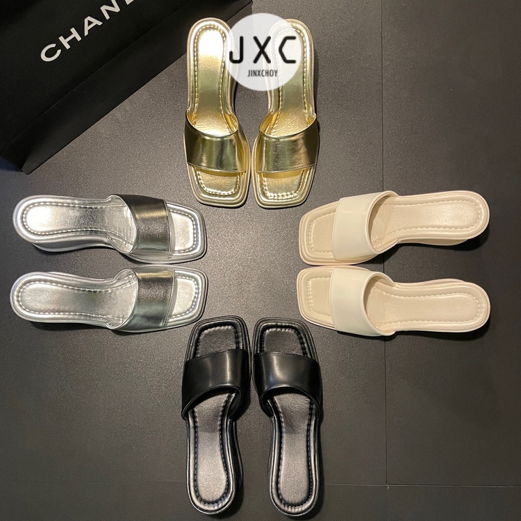 JINxCHOY SHOES Dép Cao Gót Mũi Vuông Bằng pu Màu Trơn Đế Xuồng Dày Dặn Thời Trang Mùa Hè Cho Nữ