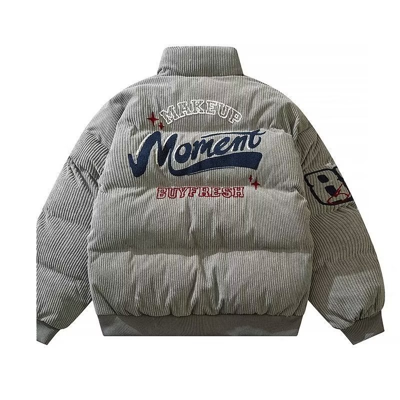 TIDE BEAR Áo Khoác cotton Nhung Kẻ Cổ Đứng Thêu Hình Gấu Phong Cách Hàn Quốc Chất Lượng Cao Giữ Ấm Mùa Đông Cho Nam Và Nữ