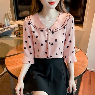 Áo sơ mi chiffon tay dài cổ búp bê họa tiết chấm bi phong cách hàn quốc thời trang cho nữ