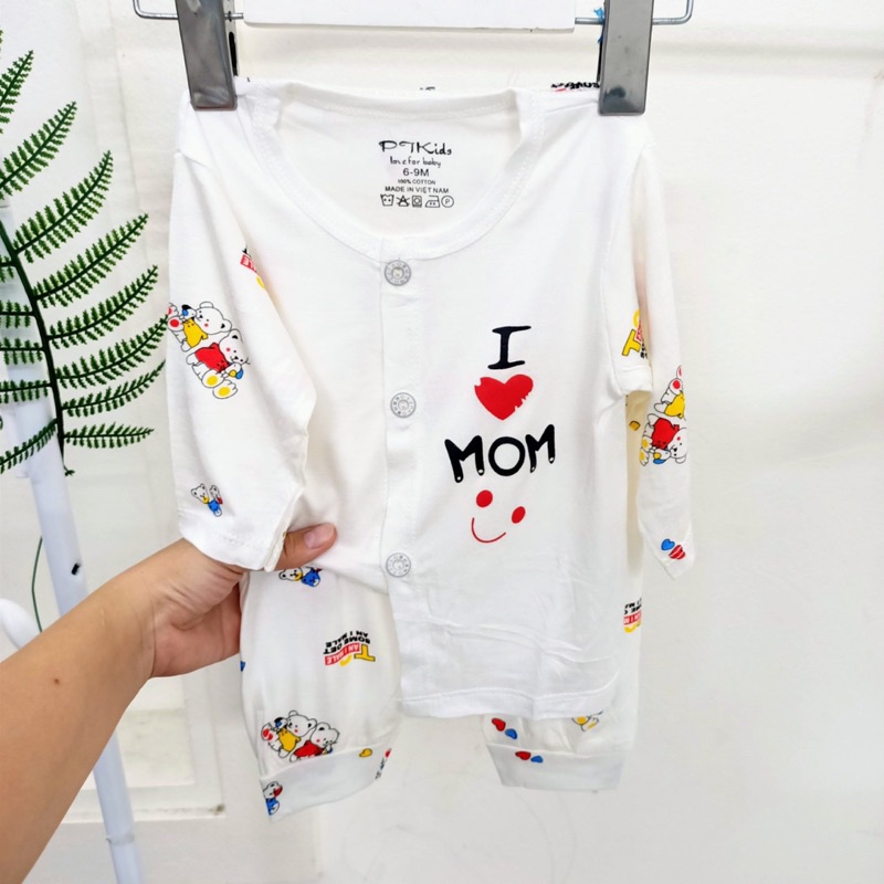 Bộ dài tay cài thẳng trắng hoạ tiết Pjkids chất thun lạnh loại 1 cho bé