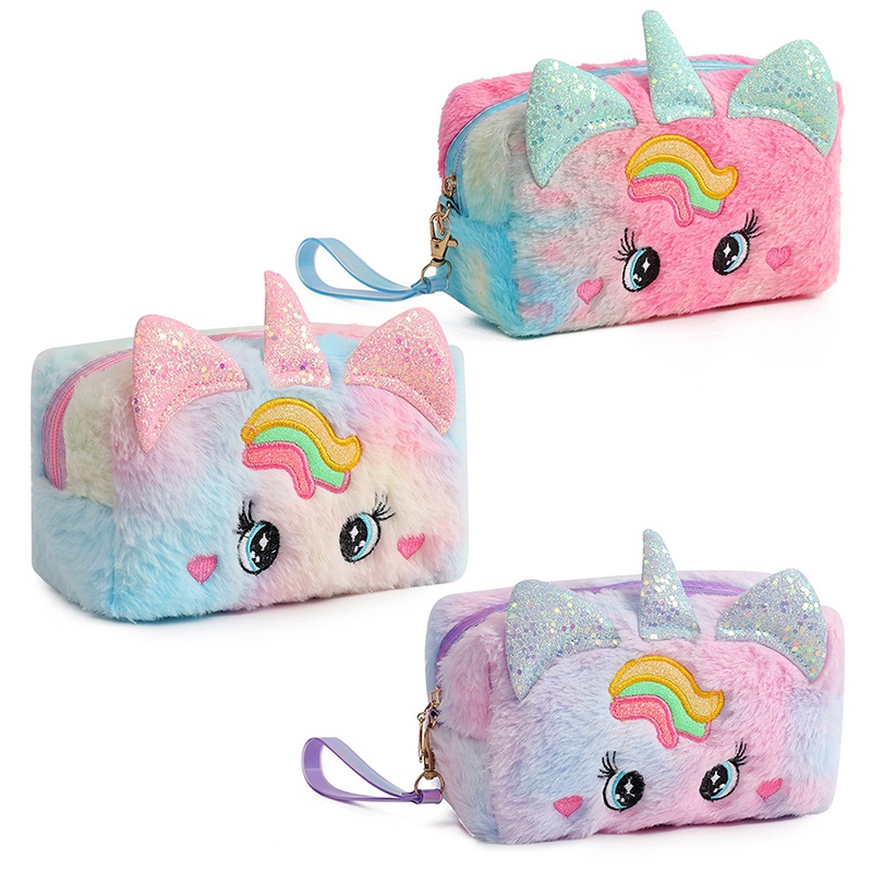 Wncds Túi Đựng Bút Chì / Mỹ Phẩm Sức Chứa Lớn Hình Kỳ Lân Phủ Lông Dễ Thương