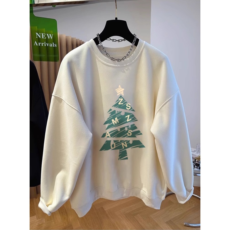 Mới Áo hoodie Cổ Tròn Dáng Rộng In Hình Cây Thông Giáng Sinh Phong Cách Hàn Quốc Thời Trang Cho Cặp Đôi