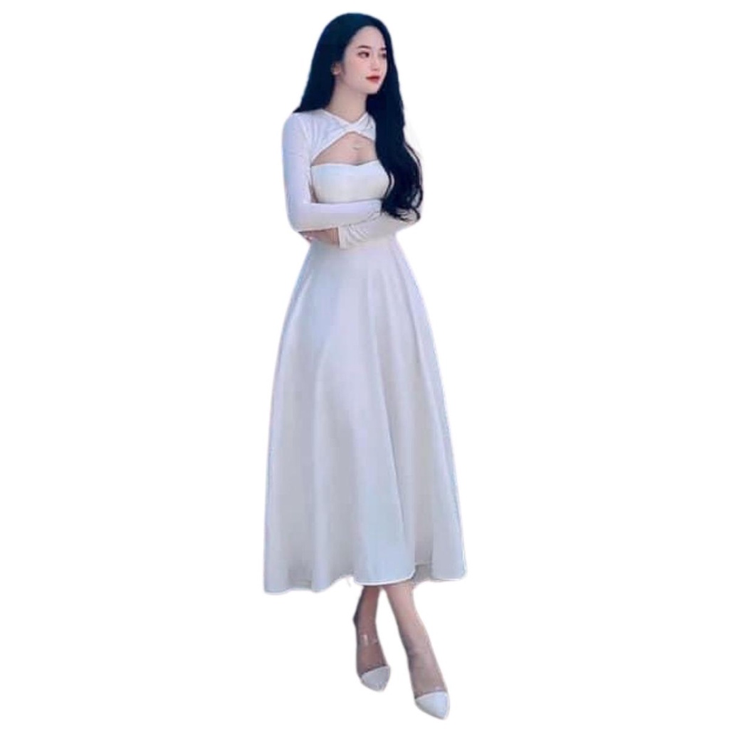 Đầm Maxi Dự Tiệc Khoét V1 Tay Dài Cổ Chéo Dáng Dài